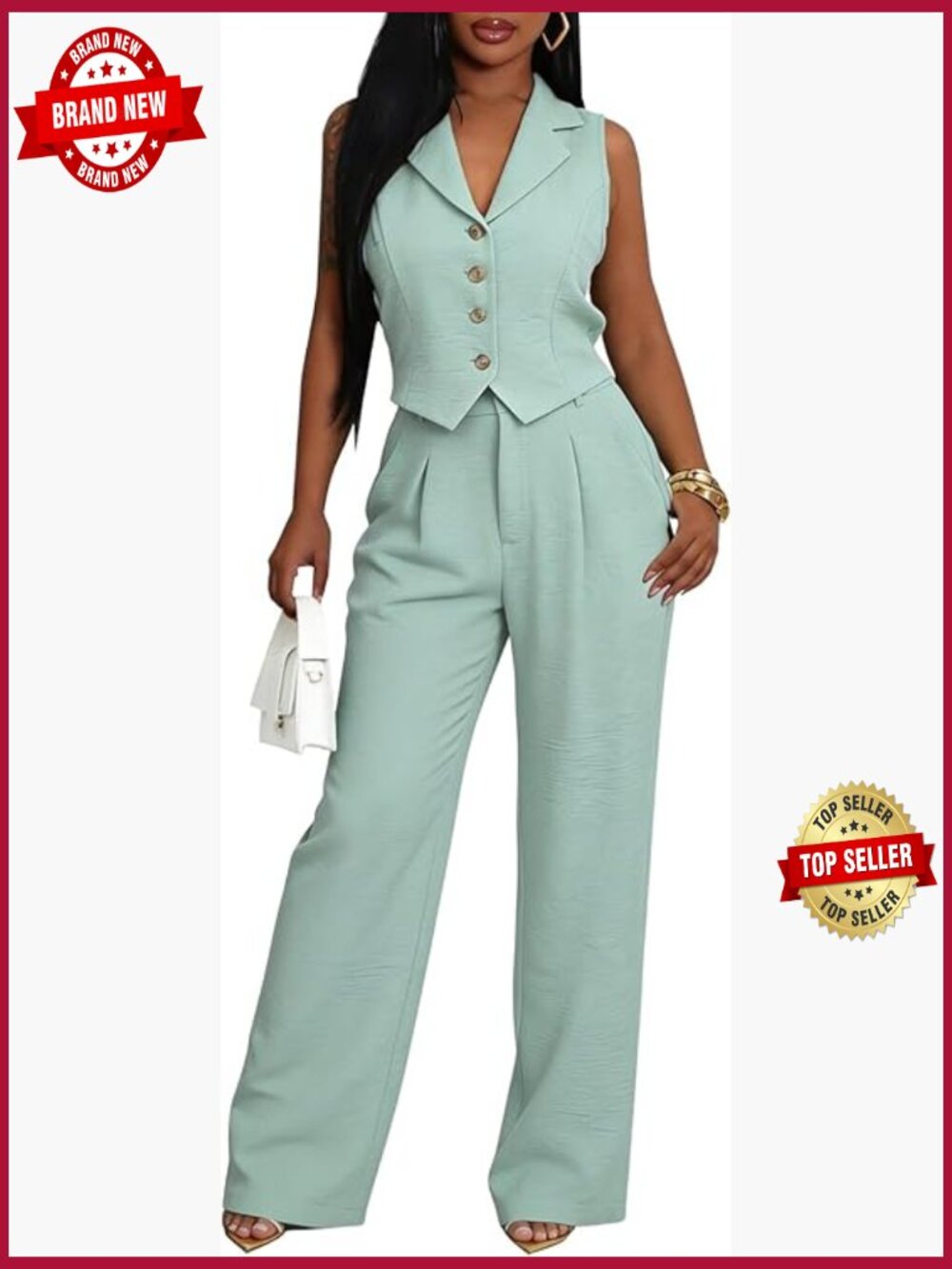 Two Piece Vest Blazer and Wide Leg Pants Suit Set Business Casual